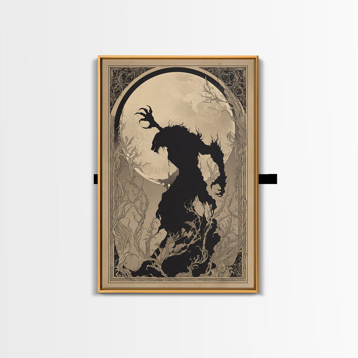 The Moon-Cursed Werewolf, Decadent Line Art, Vertical Wall Art, Dark Fantasy Wall Art, Framed Canvas Print, Halloween Wall Art