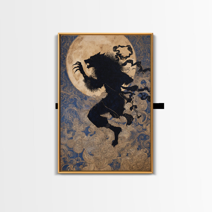 The Moon-Cursed Werewolf, Stained Glass Gothic Art, Vertical Wall Art, Dark Fantasy Wall Art, Framed Canvas Print, Halloween Wall Art