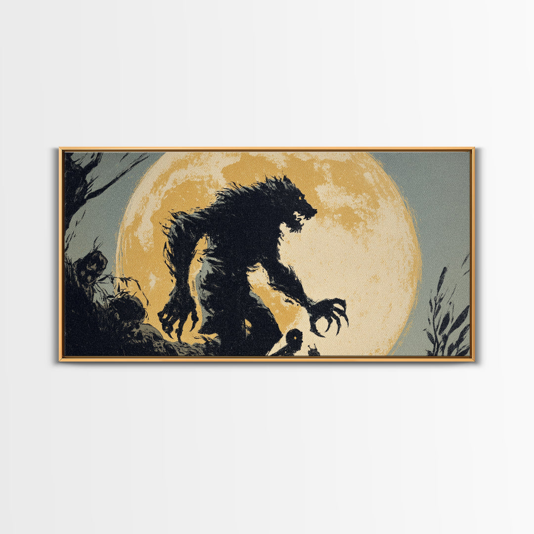 The Moon-Cursed Werewolf, Macabre Folk Print Art, Wide Panoramic Art, Dark Fantasy Wall Art, Framed Canvas Print