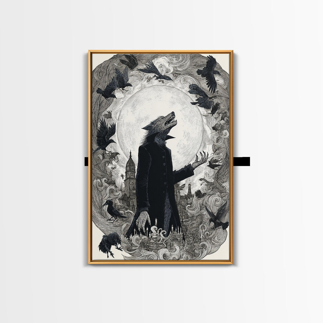 The Moon-Cursed Werewolf, Victorian Macabre Art, Vertical Wall Art, Gothic Horror Wall Art, Framed Canvas Print, Halloween Wall Art