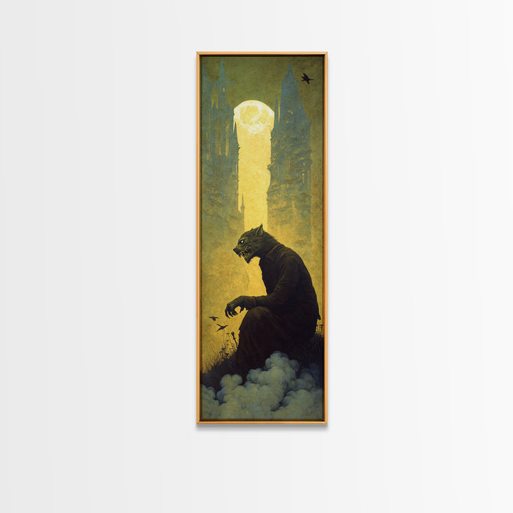 The Moon-Cursed Werewolf, Surreal Apocalyptic Art, Tall Narrow Wall Art, Macabre Wall Art, Canvas Print, Halloween Wall Art