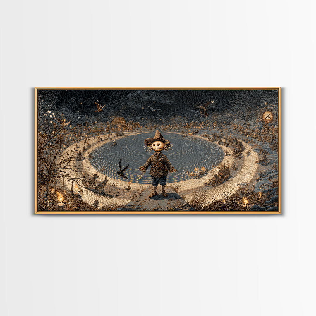 The Living Scarecrow, Northern Renaissance Horror, Wide Panoramic Art, Dark Fantasy Wall Art, Framed Canvas Print