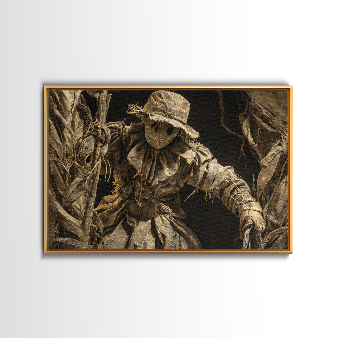 The Living Scarecrow, Architectural Etching Art, Landscape Wall Art, Dark Halloween Decor, Framed Canvas Print