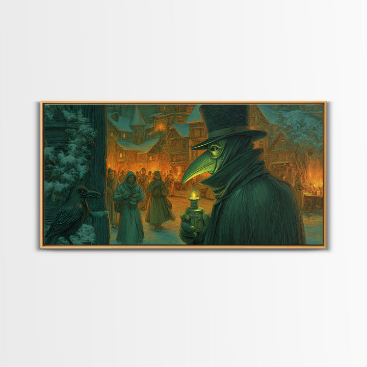 The Plague Doctor, Northern Renaissance Horror, Wide Panoramic Art, Dark Halloween Decor, Canvas Print, Halloween Wall Art