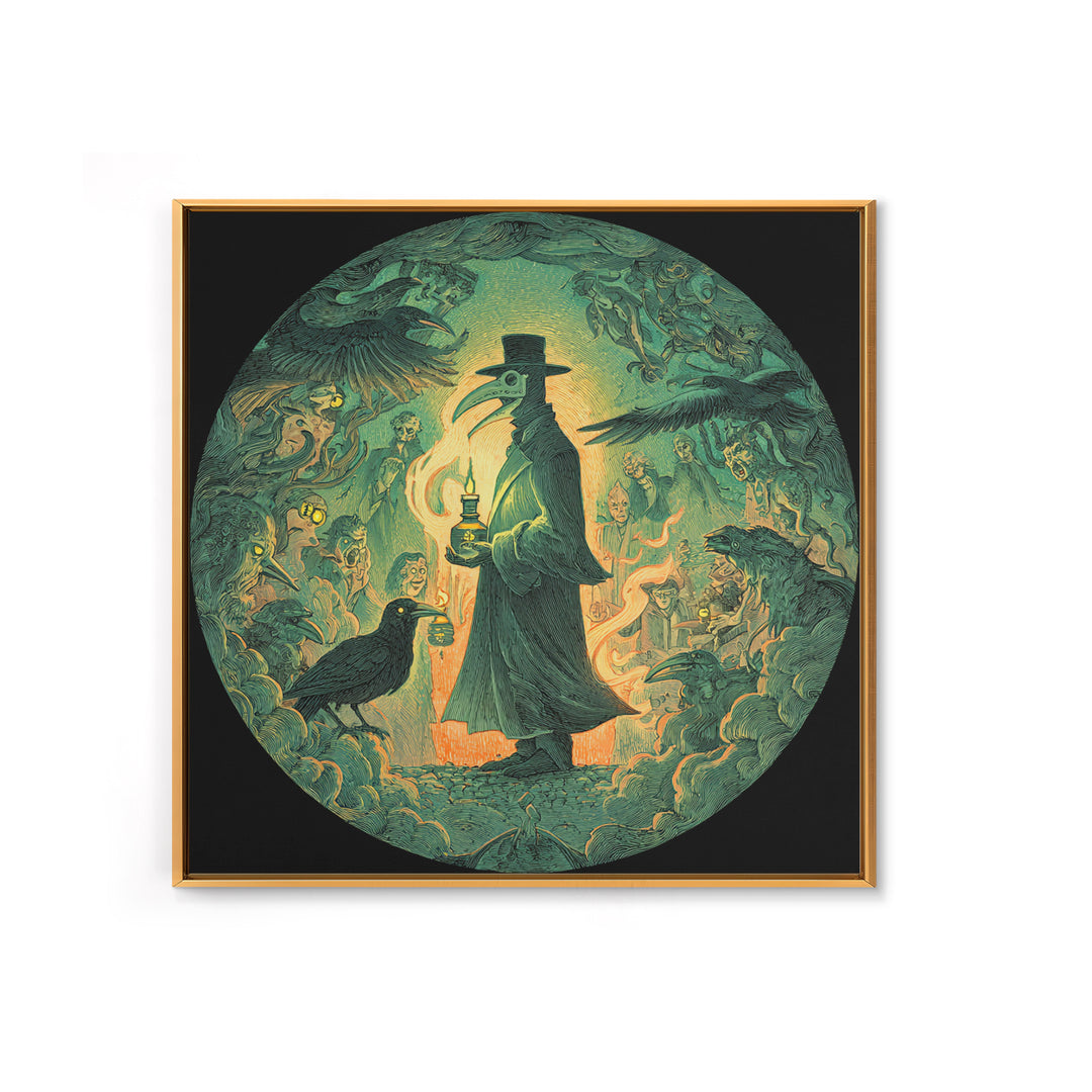 The Plague Doctor, Symbolist Etching Art, Square Wall Art, Dark Halloween Decor, Framed Canvas Print, Halloween Wall Art