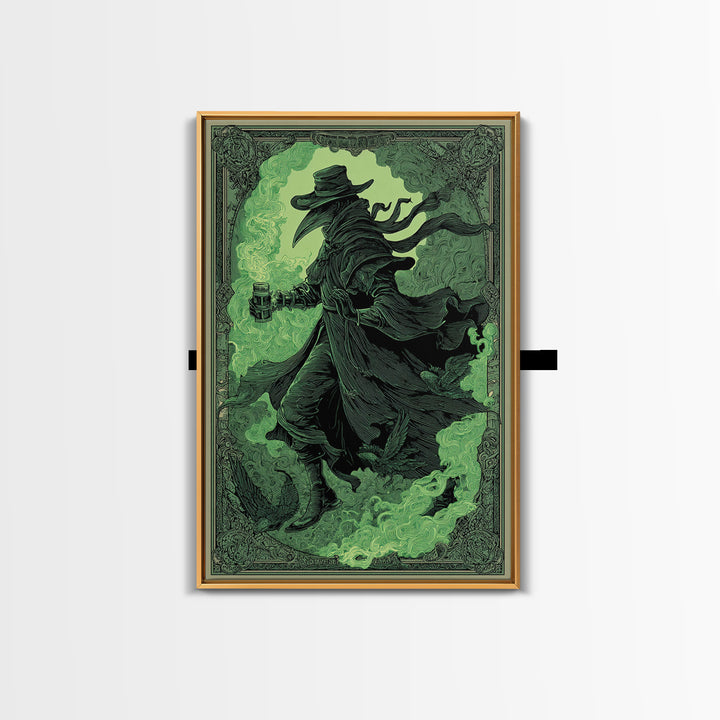 The Plague Doctor, Decadent Line Art, Vertical Wall Art, Dark Halloween Decor, Framed Canvas Print, Halloween Wall Art