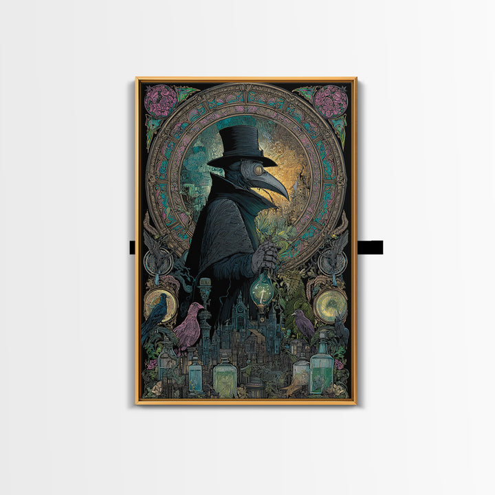 The Plague Doctor, Stained Glass Gothic Art, Vertical Wall Art, Gothic Horror Wall Art, Framed Canvas Print, Halloween Wall Art