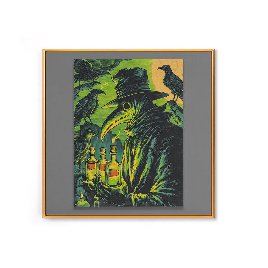 The Plague Doctor, Macabre Folk Print Art, Square Wall Art, Dark Halloween Decor, Framed Canvas Print, Halloween Wall Art