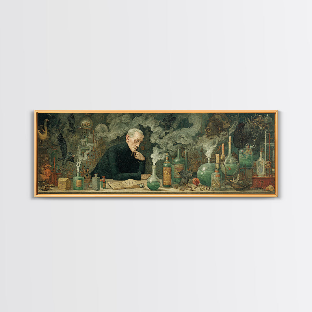 The Mad Alchemist, Medieval Grotesque Art, Extra Wide Wall Art, Dark Halloween Decor, Framed Canvas Print, Halloween Wall Art