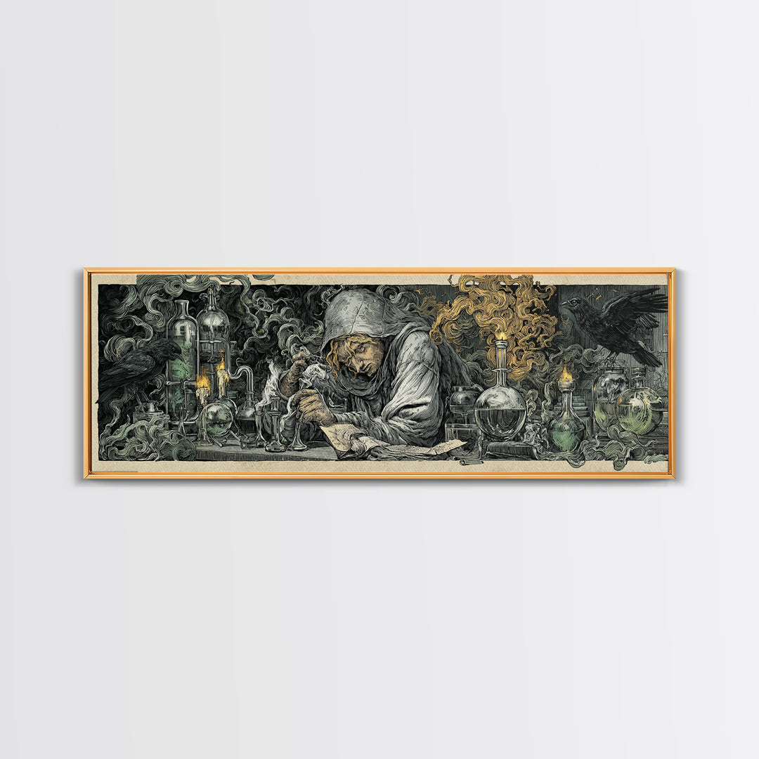 The Mad Alchemist, Renaissance Engraving Art, Extra Wide Wall Art, Dark Halloween Decor, Framed Canvas Print, Halloween Wall Art
