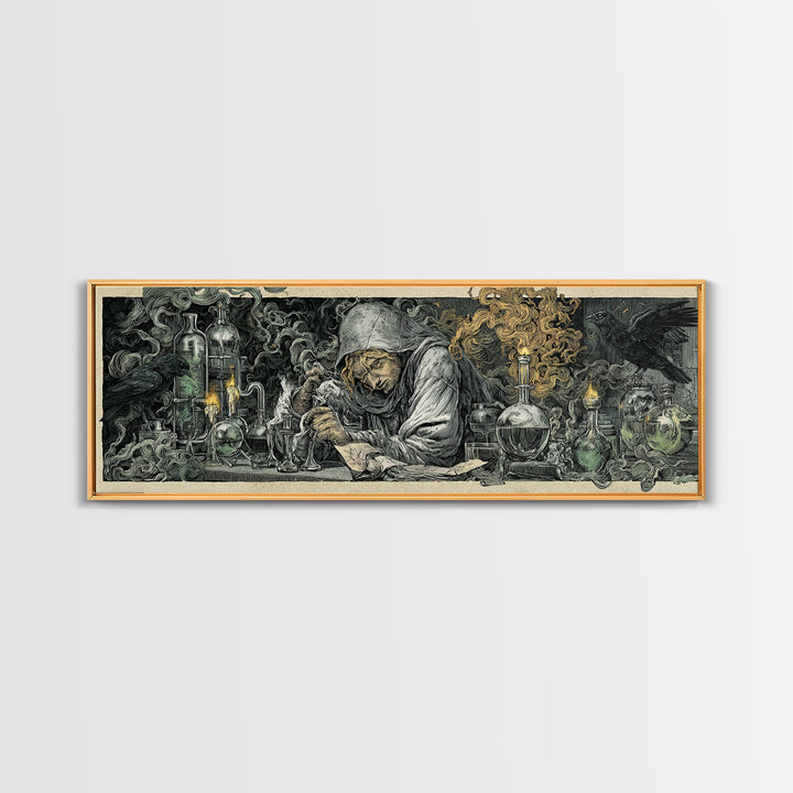 The Mad Alchemist, Renaissance Engraving Art, Extra Wide Wall Art, Dark Halloween Decor, Framed Canvas Print, Halloween Wall Art