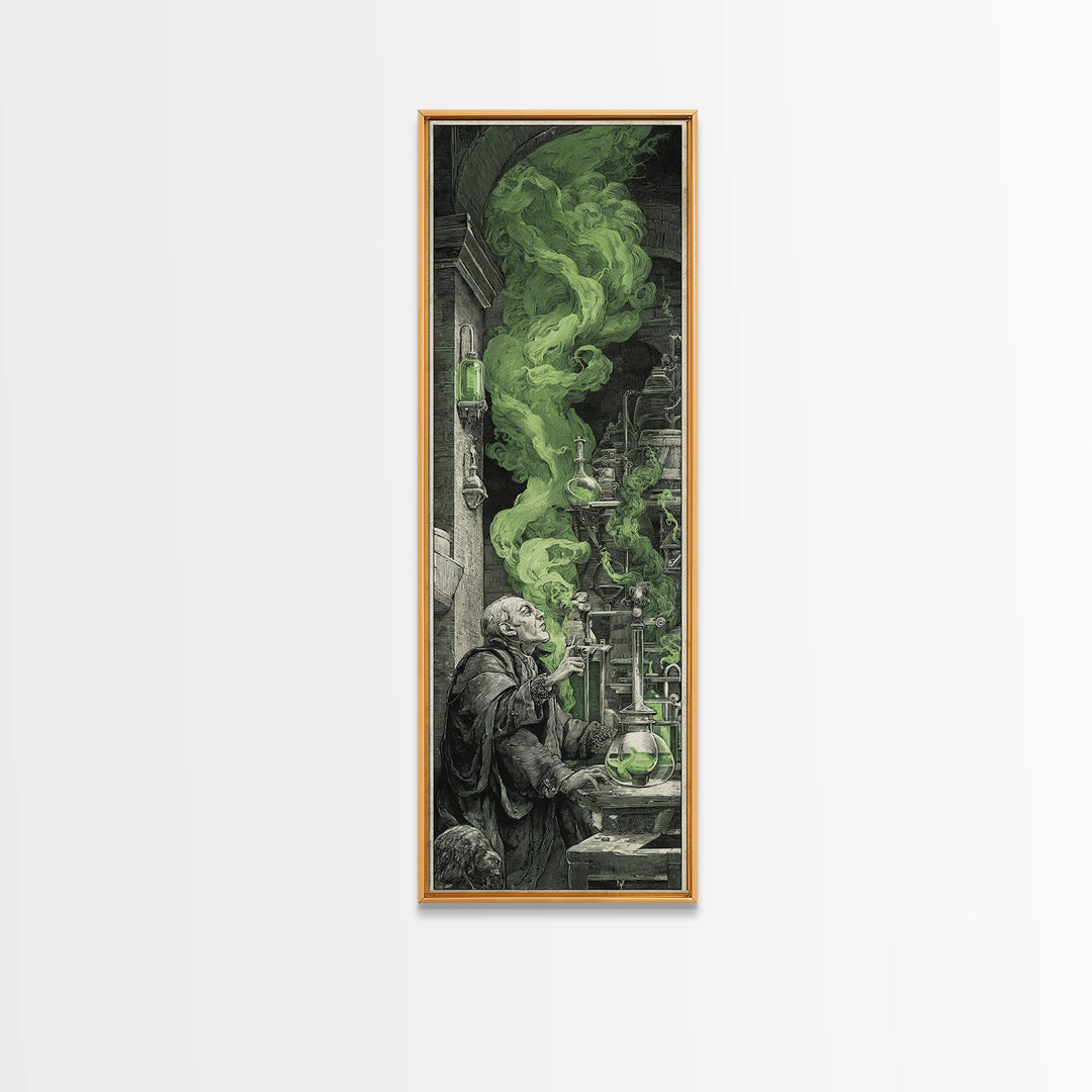 The Mad Alchemist, Architectural Etching Art, Tall Narrow Wall Art, Dark Halloween Decor, Framed Canvas Print