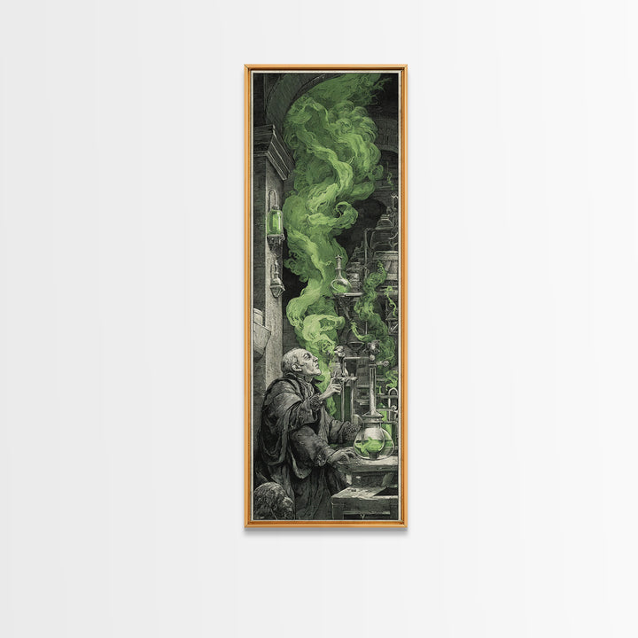 The Mad Alchemist, Architectural Etching Art, Tall Narrow Wall Art, Dark Halloween Decor, Framed Canvas Print