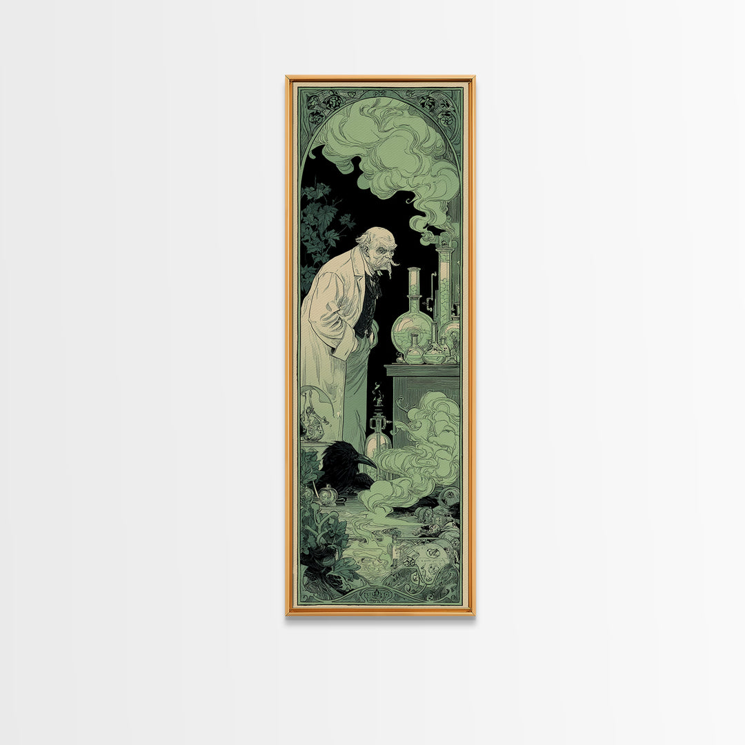 The Mad Alchemist, Decadent Line Art, Tall Narrow Wall Art, Gothic Horror Wall Art, Framed Canvas Print, Halloween Wall Art