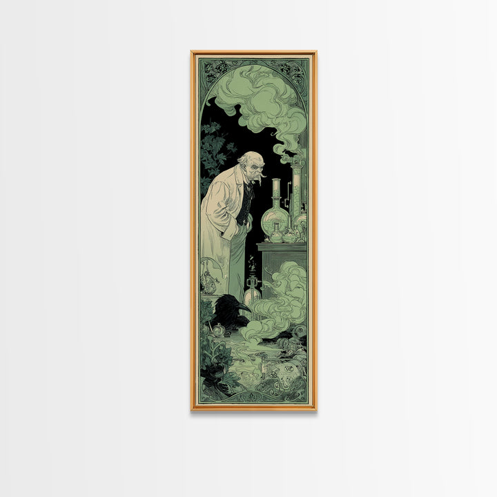The Mad Alchemist, Decadent Line Art, Tall Narrow Wall Art, Gothic Horror Wall Art, Framed Canvas Print, Halloween Wall Art