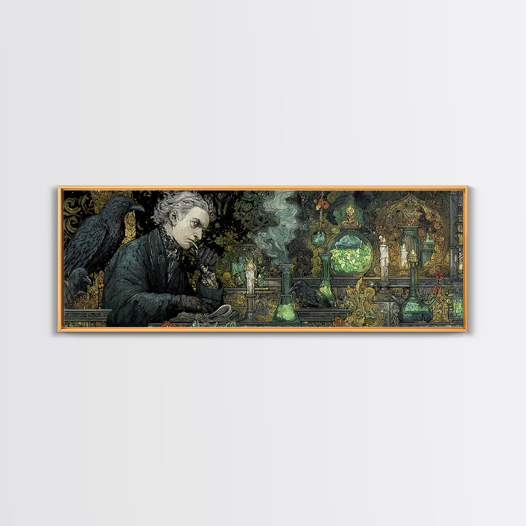 The Mad Alchemist, Stained Glass Gothic Art, Extra Wide Wall Art, Dark Halloween Decor, Canvas Print, Halloween Wall Art