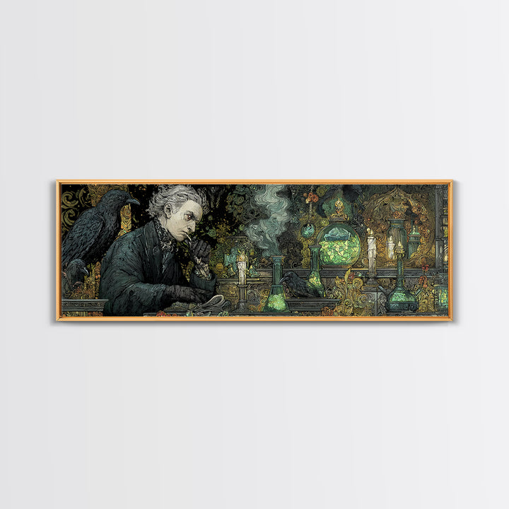 The Mad Alchemist, Stained Glass Gothic Art, Extra Wide Wall Art, Dark Halloween Decor, Canvas Print, Halloween Wall Art