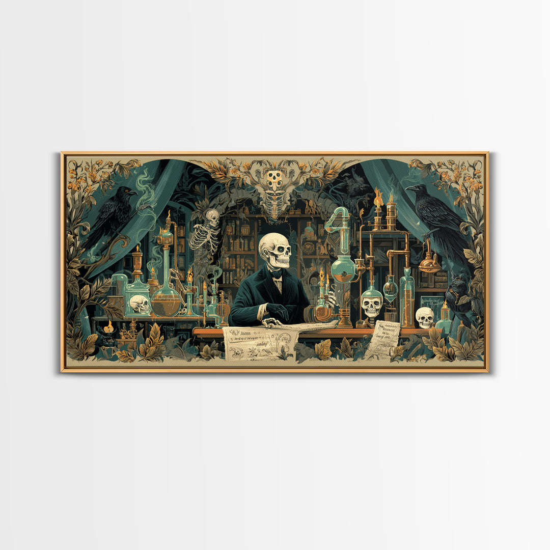 The Mad Alchemist, Macabre Folk Print Art, Wide Panoramic Art, Dark Halloween Decor, Framed Canvas Print, Halloween Wall Art