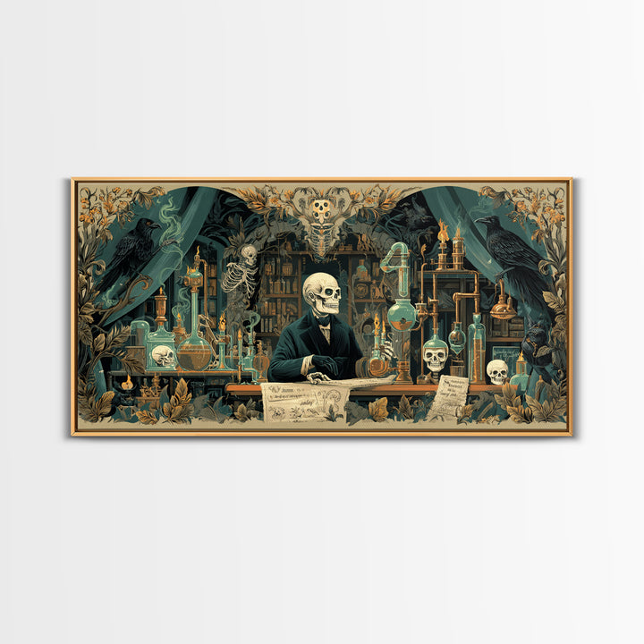 The Mad Alchemist, Macabre Folk Print Art, Wide Panoramic Art, Dark Halloween Decor, Framed Canvas Print, Halloween Wall Art