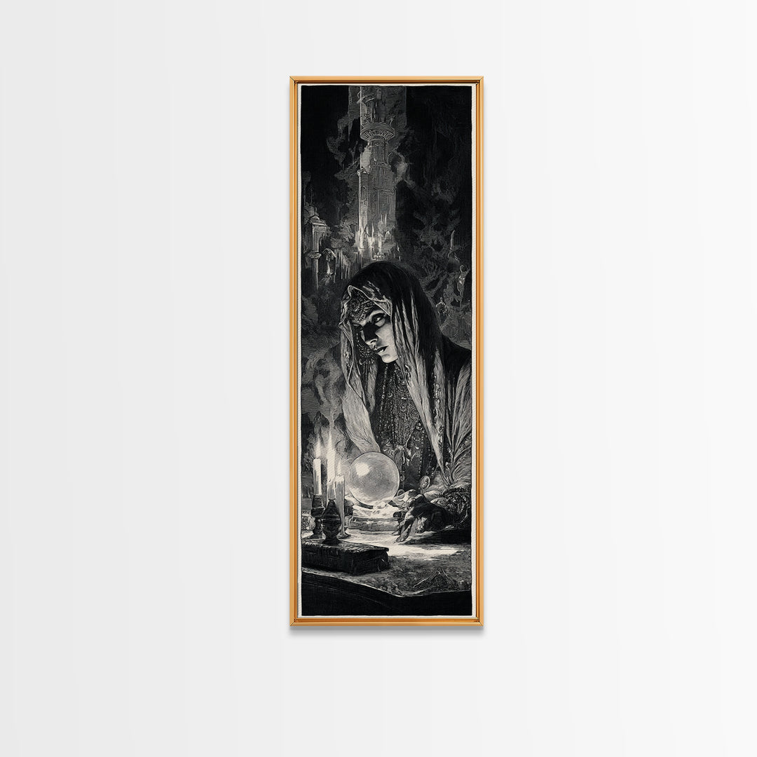 The Midnight Fortune Teller, Gothic Engraving Art, Tall Narrow Wall Art, Dark Halloween Decor, Framed Canvas Print, Halloween Wall Art