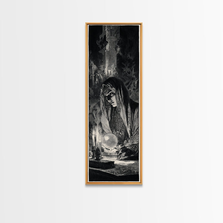 The Midnight Fortune Teller, Gothic Engraving Art, Tall Narrow Wall Art, Dark Halloween Decor, Framed Canvas Print, Halloween Wall Art
