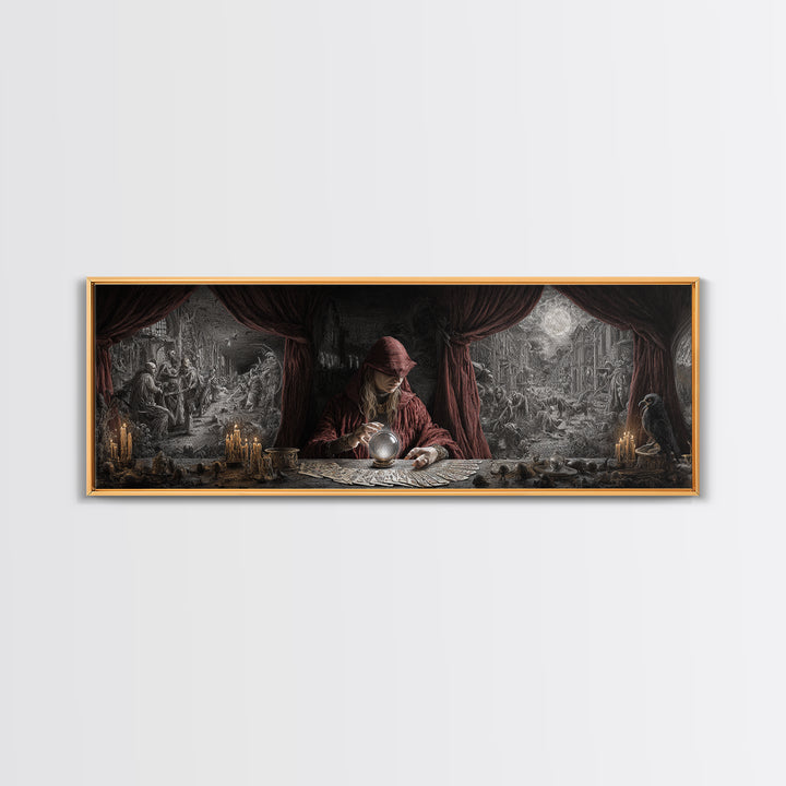 The Midnight Fortune Teller, Medieval Grotesque Art, Extra Wide Wall Art, Dark Fantasy Wall Art, Framed Canvas Print, Halloween Decor