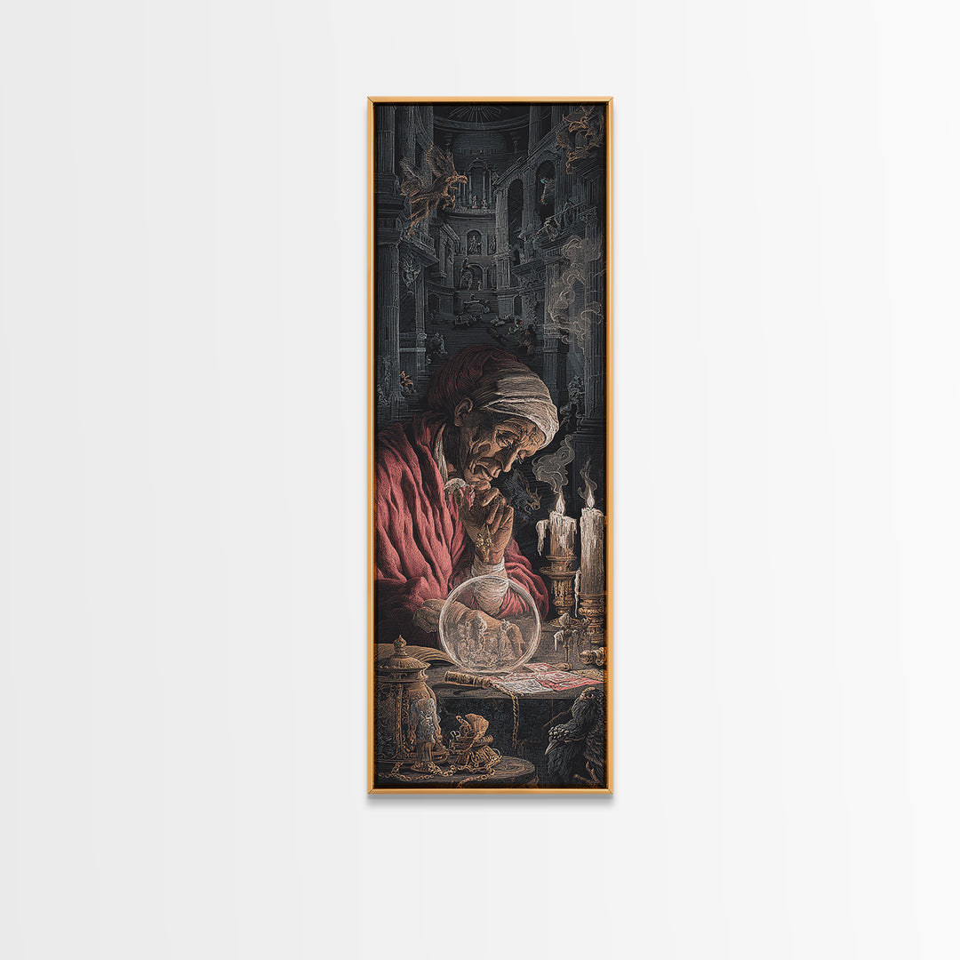The Midnight Fortune Teller, Architectural Etching Art, Tall Narrow Wall Art, Dark Halloween Decor, Framed Canvas Print