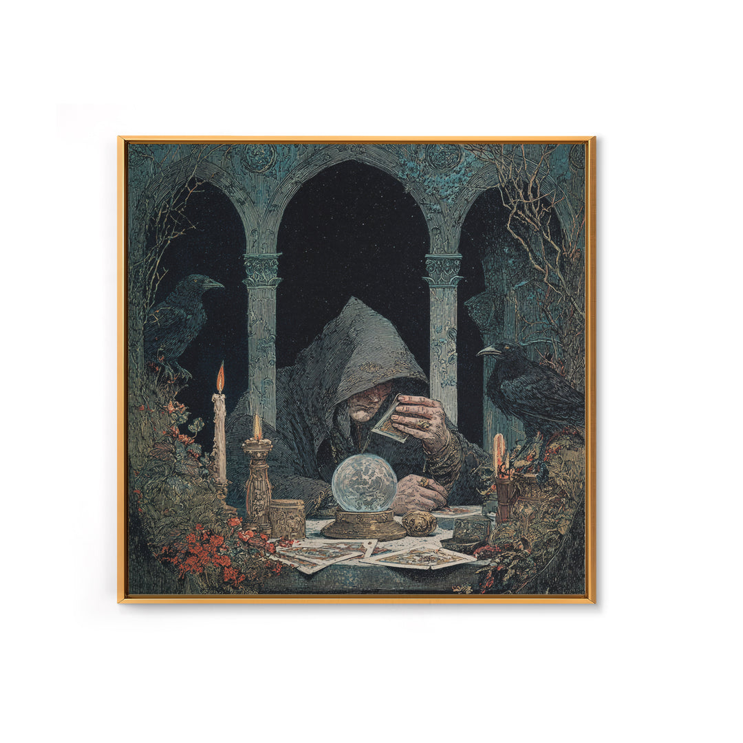 The Midnight Fortune Teller, Symbolist Etching Art, Square Wall Art, Dark Halloween Decor, Framed Canvas Print, Halloween Wall Art