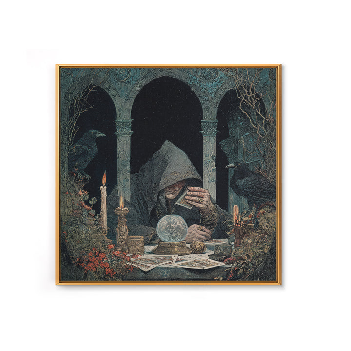 The Midnight Fortune Teller, Symbolist Etching Art, Square Wall Art, Dark Halloween Decor, Framed Canvas Print, Halloween Wall Art