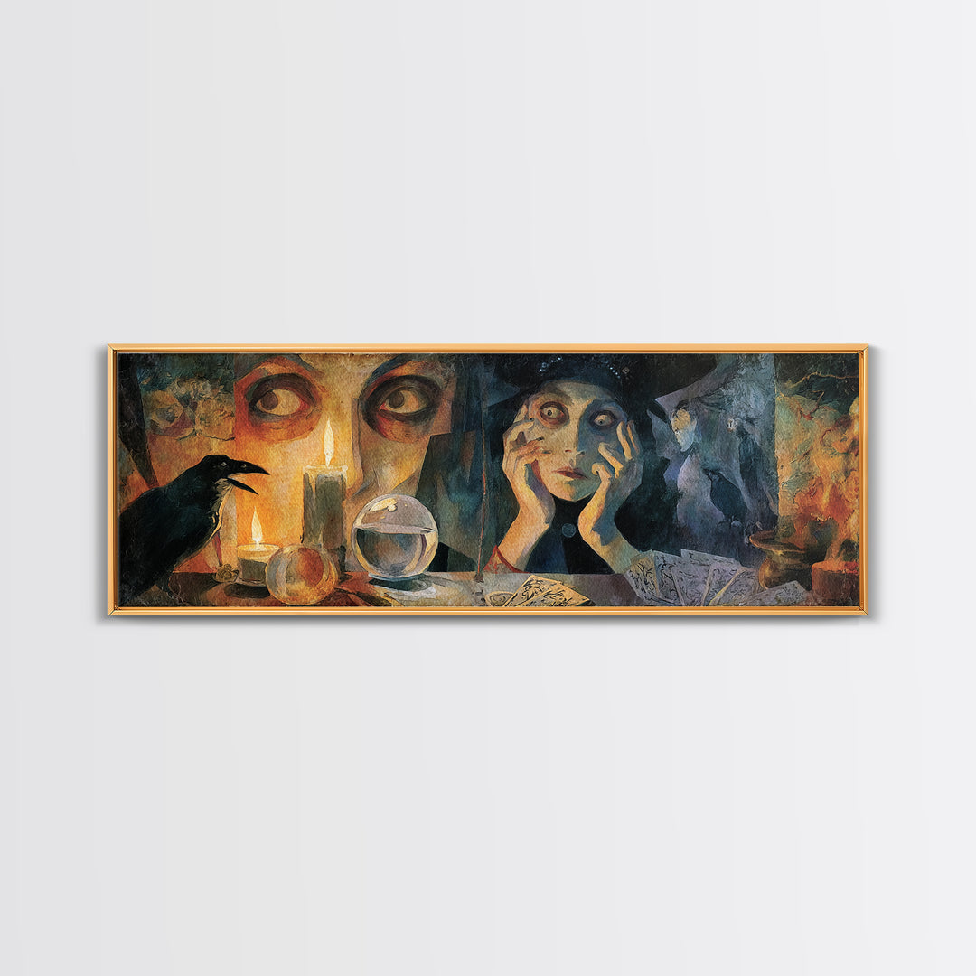The Midnight Fortune Teller, Expressionist Gothic Art, Extra Wide Wall Art, Macabre Wall Art, Canvas Print, Halloween Wall Art