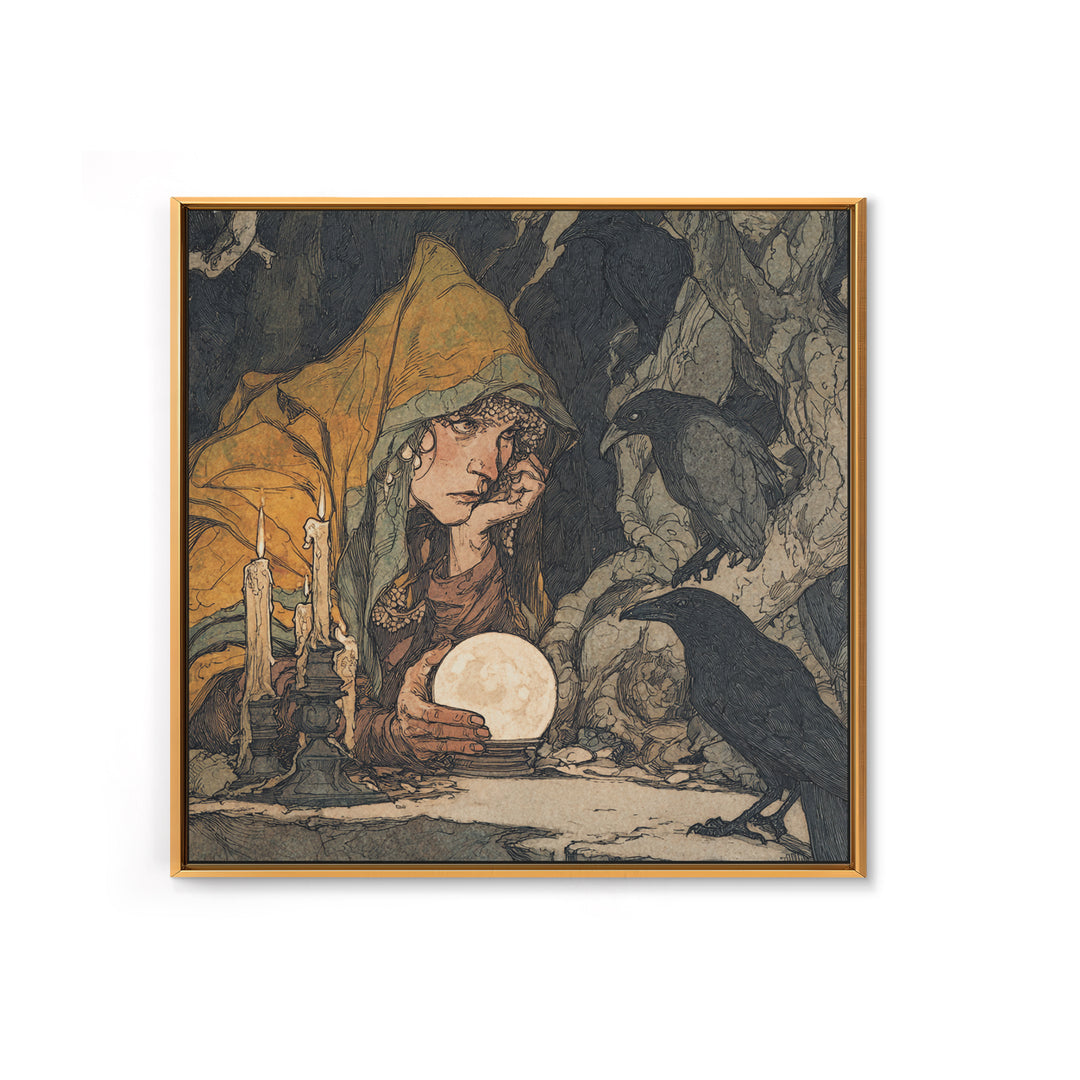 The Midnight Fortune Teller, Gothic Storybook Art, Square Wall Art, Dark Fantasy Wall Art, Framed Canvas Print, Halloween Wall Art