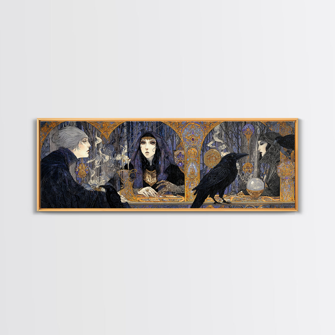 The Midnight Fortune Teller, Stained Glass Gothic Art, Extra Wide Wall Art, Dark Halloween Decor, Canvas Print, Halloween Wall Art