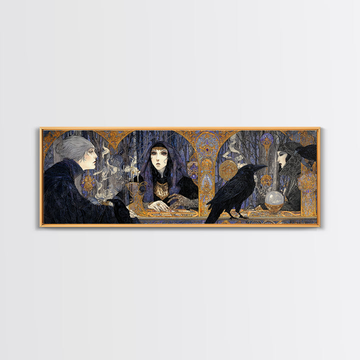 The Midnight Fortune Teller, Stained Glass Gothic Art, Extra Wide Wall Art, Dark Halloween Decor, Canvas Print, Halloween Wall Art