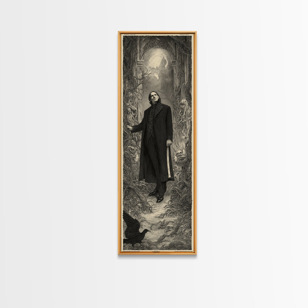 The Sinister Undertaker, Gothic Engraving Art, Tall Narrow Wall Art, Dark Fantasy Wall Art, Framed Canvas Print, Halloween Wall Art