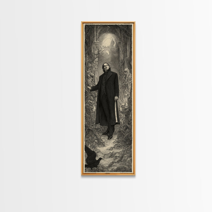 The Sinister Undertaker, Gothic Engraving Art, Tall Narrow Wall Art, Dark Fantasy Wall Art, Framed Canvas Print, Halloween Wall Art