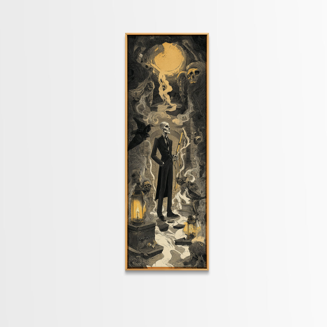 The Sinister Undertaker, Architectural Etching Art, Tall Narrow Wall Art, Dark Halloween Decor, Canvas Print, Dark Fantasy Art