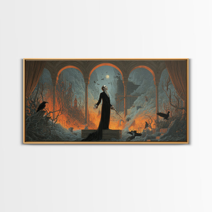 The Sinister Undertaker, Apocalyptic Romantic Art, Wide Panoramic Art, Dark Halloween Decor, Canvas Print, Halloween Wall Art