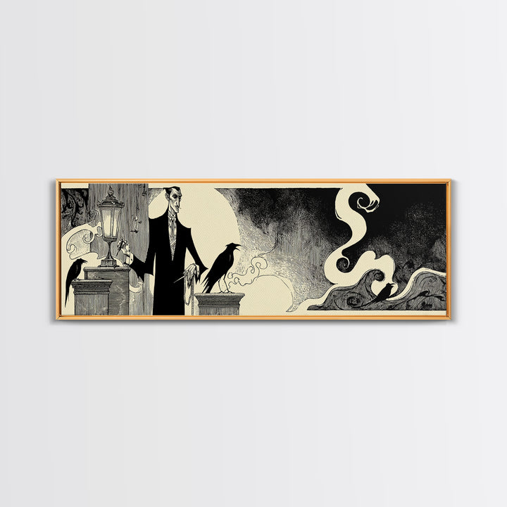 The Sinister Undertaker, Decadent Line Art, Extra Wide Wall Art, Dark Halloween Decor, Canvas Print, Halloween Wall Art