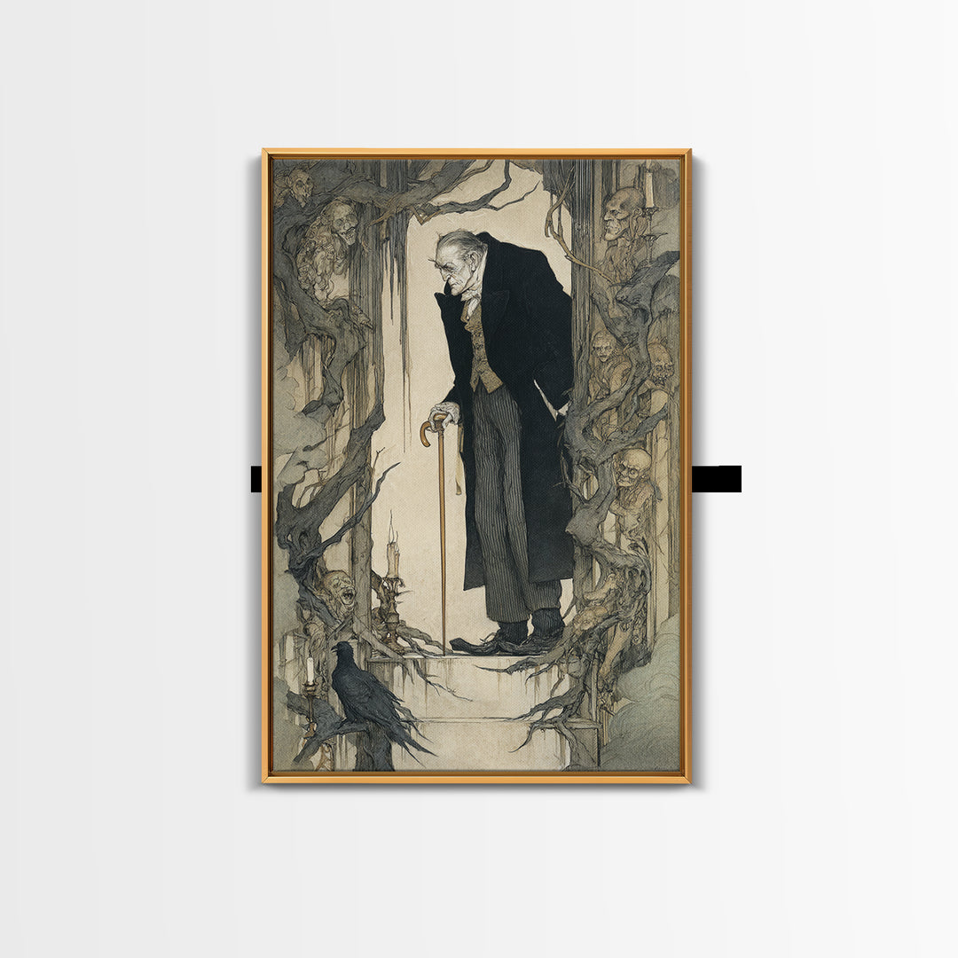 The Sinister Undertaker, Gothic Storybook Art, Vertical Wall Art, Gothic Horror Wall Art, Framed Canvas Print, Halloween Wall Art