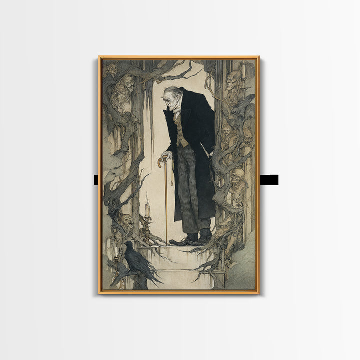 The Sinister Undertaker, Gothic Storybook Art, Vertical Wall Art, Gothic Horror Wall Art, Framed Canvas Print, Halloween Wall Art