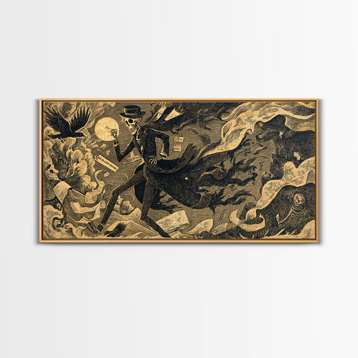 The Sinister Undertaker, Macabre Folk Print Art, Wide Panoramic Art, Dark Fantasy Wall Art, Canvas Print, Halloween Wall Art