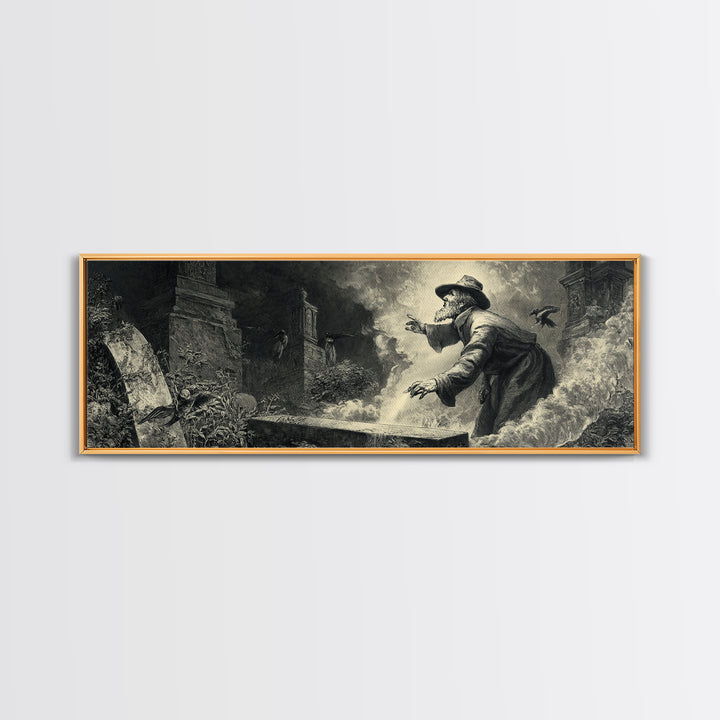 The Lantern Gravedigger, Gothic Engraving Art, Extra Wide Wall Art, Dark Fantasy Wall Art, Canvas Print, Halloween Wall Art