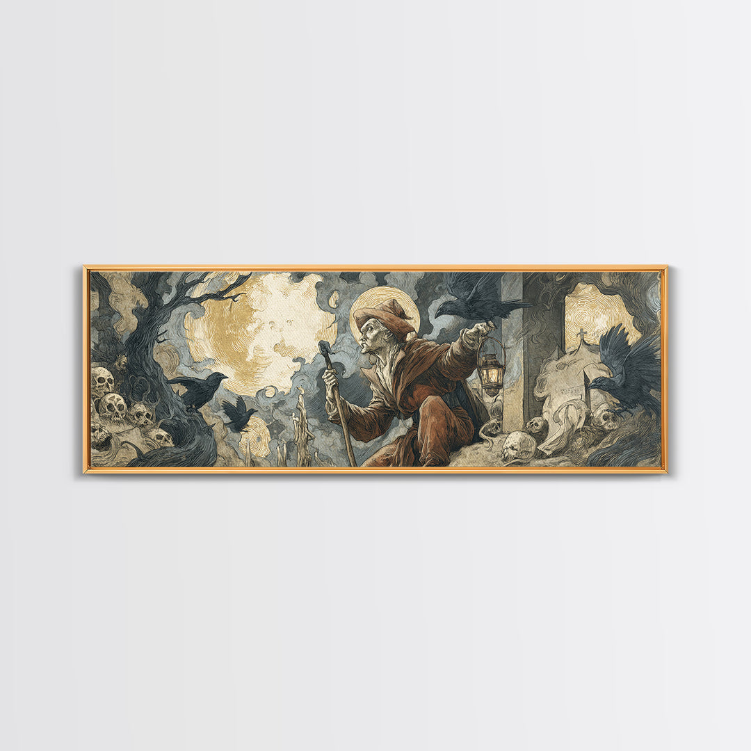 The Lantern Gravedigger, Dark Renaissance Art, Extra Wide Wall Art, Macabre Wall Art, Framed Canvas Print, Halloween Wall Art