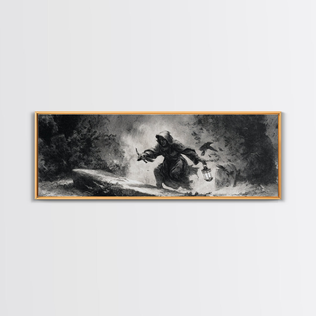 The Lantern Gravedigger, Dark Romantic Horror Art, Extra Wide Wall Art, Dark Fantasy Wall Art, Framed Canvas Print, Halloween Wall Art