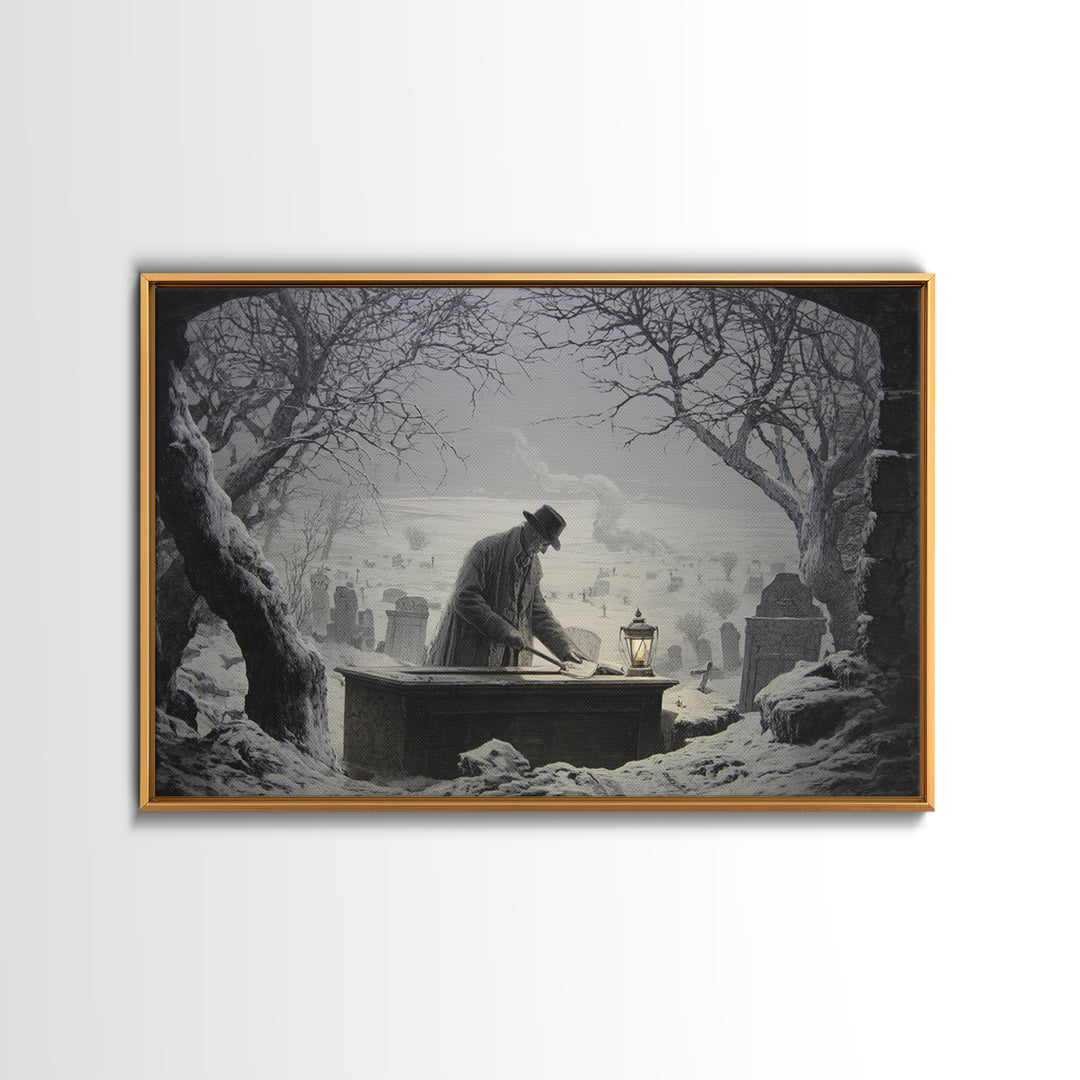 The Lantern Gravedigger, Romantic Gothic Landscape, Landscape Wall Art, Macabre Wall Art, Canvas Print, Halloween Wall Art