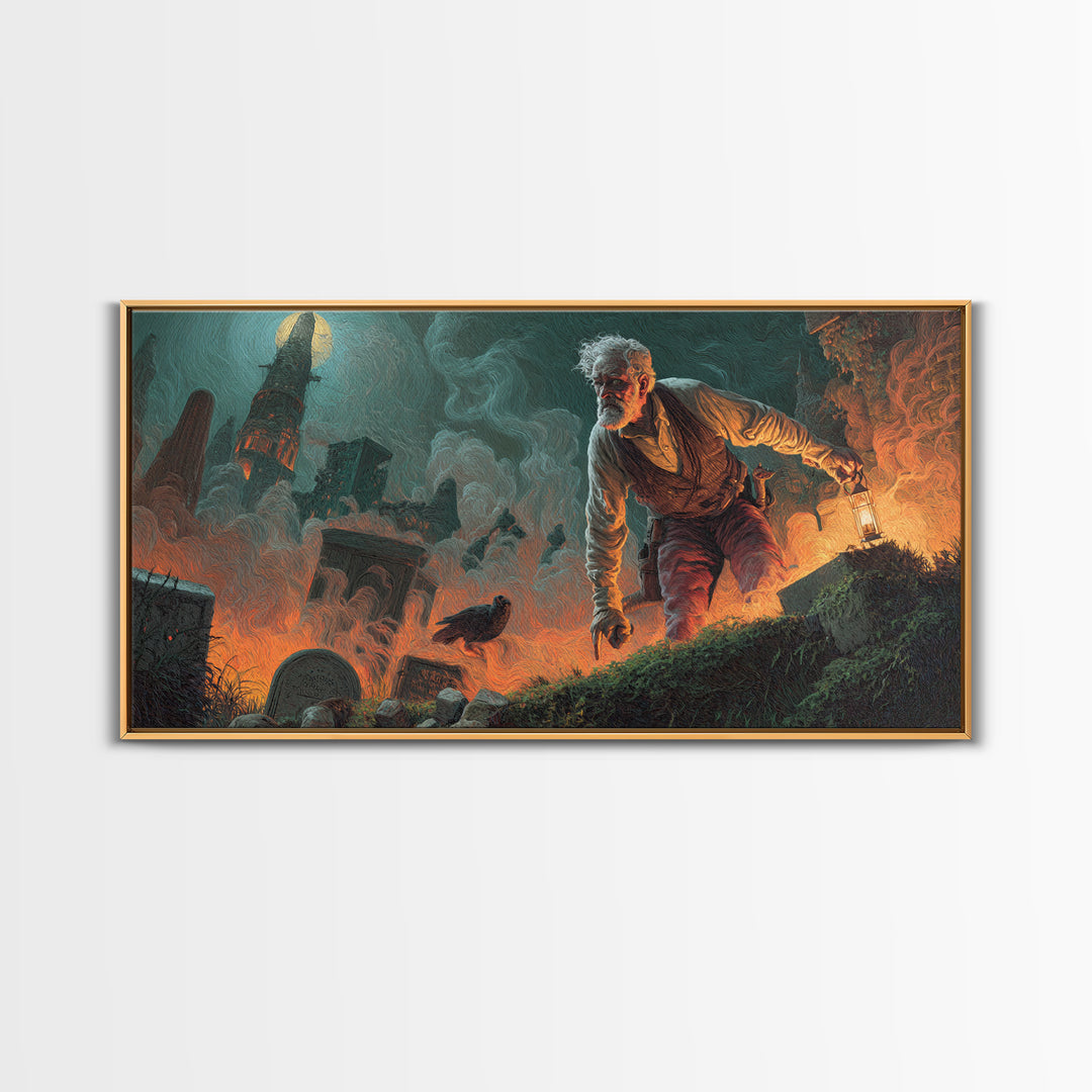 The Lantern Gravedigger, Apocalyptic Romantic Art, Wide Panoramic Art, Gothic Horror Wall Art, Canvas Print, Halloween Wall Art