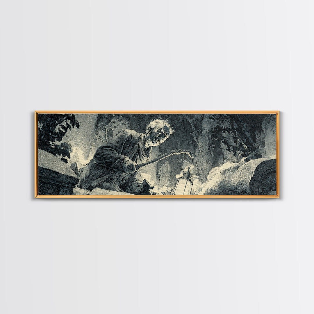 The Lantern Gravedigger, Decadent Gothic Art, Extra Wide Wall Art, Dark Halloween Decor, Framed Canvas Print, Halloween Wall Art