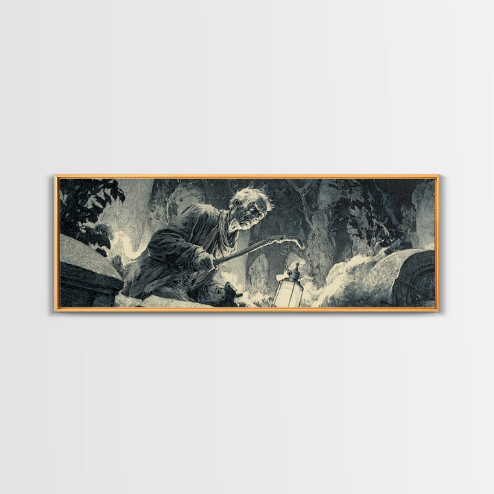 The Lantern Gravedigger, Decadent Gothic Art, Extra Wide Wall Art, Dark Halloween Decor, Framed Canvas Print, Halloween Wall Art
