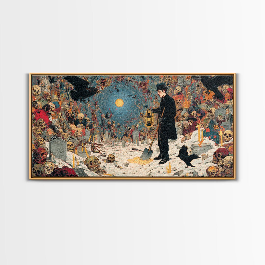The Lantern Gravedigger, Grotesque Carnival Art, Wide Panoramic Art, Dark Fantasy Wall Art, Canvas Print, Halloween Wall Art