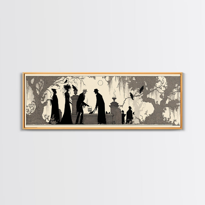 The Lantern Gravedigger, Decadent Line Art, Extra Wide Wall Art, Macabre Wall Art, Canvas Print, Halloween Wall Art